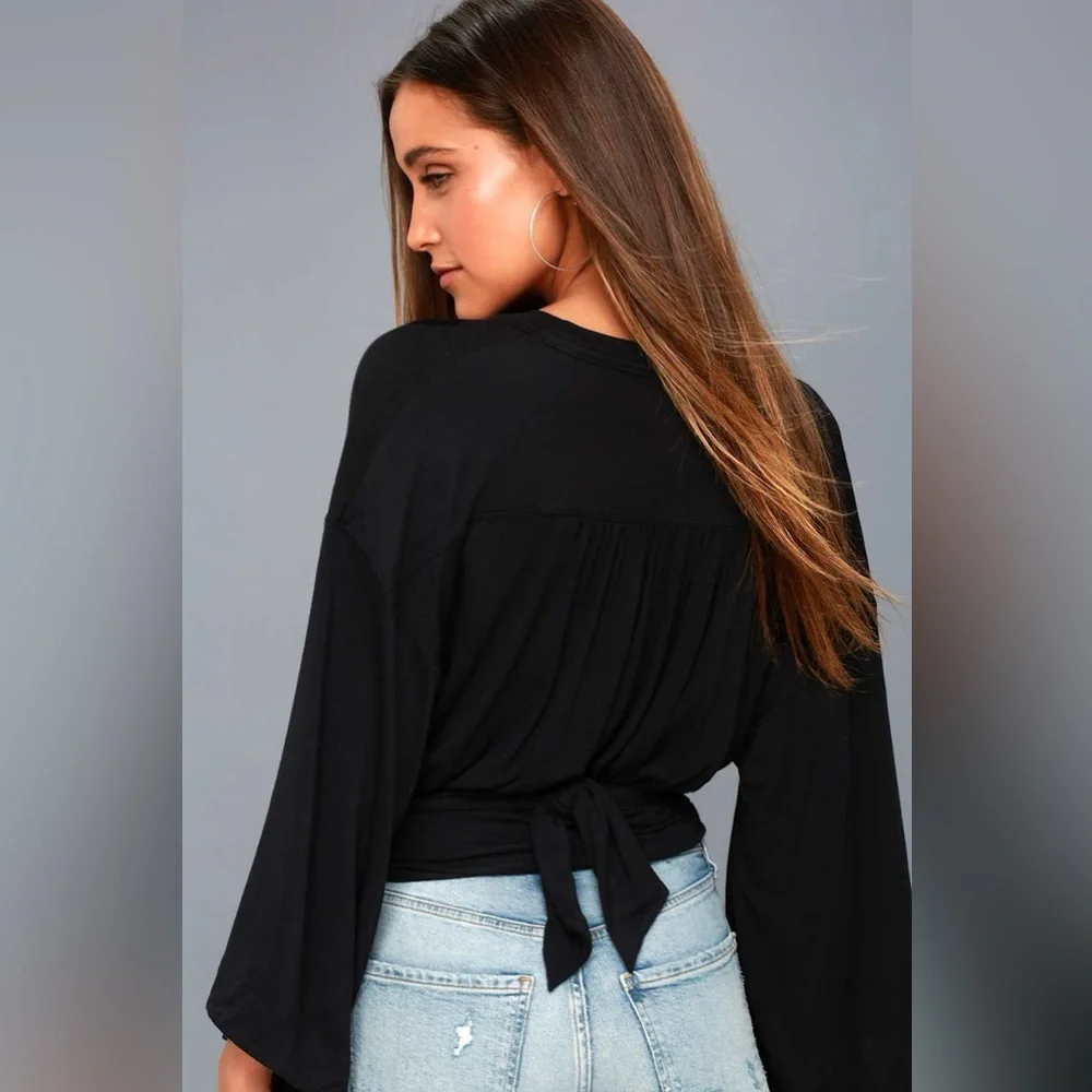 Free People That's a Wrap Black Bell Sleeve Crop Top Waist Tie Boho Trendy Chic